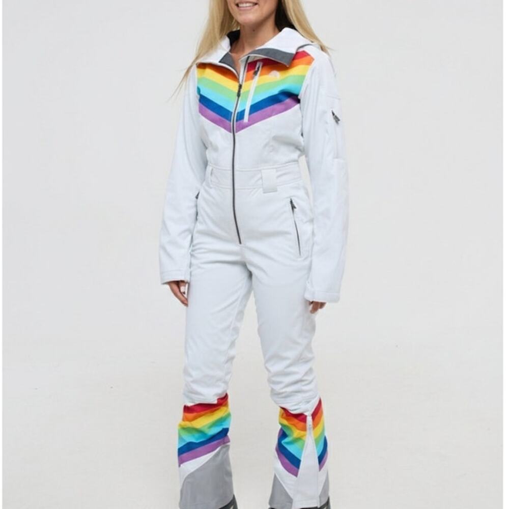 White Women's Rainbow Trim Ski Jumpsuit
